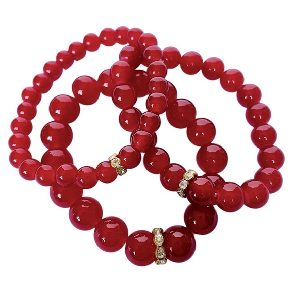 Red Beaded Stretch Bracelets Set of 3 - Picture 1 of 3